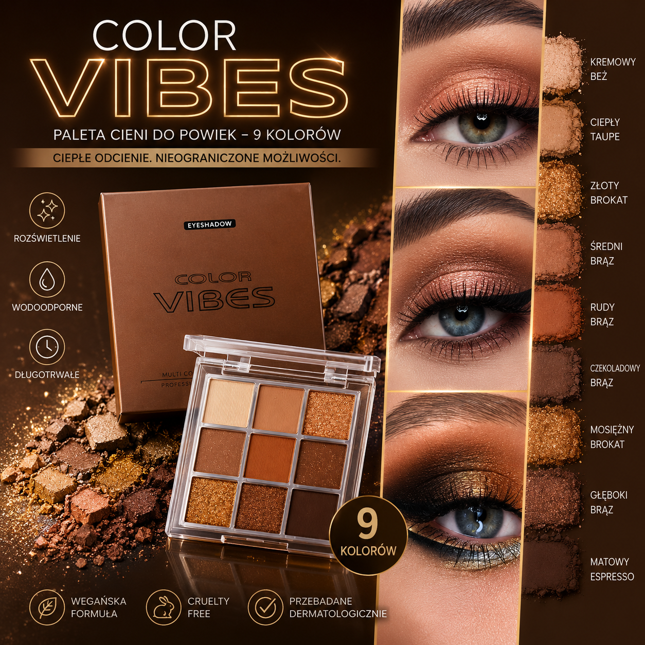 Paleta Cieni do Powiek 9 Kolorów – Glitter, Mat i Shimmer - Wodoodporna