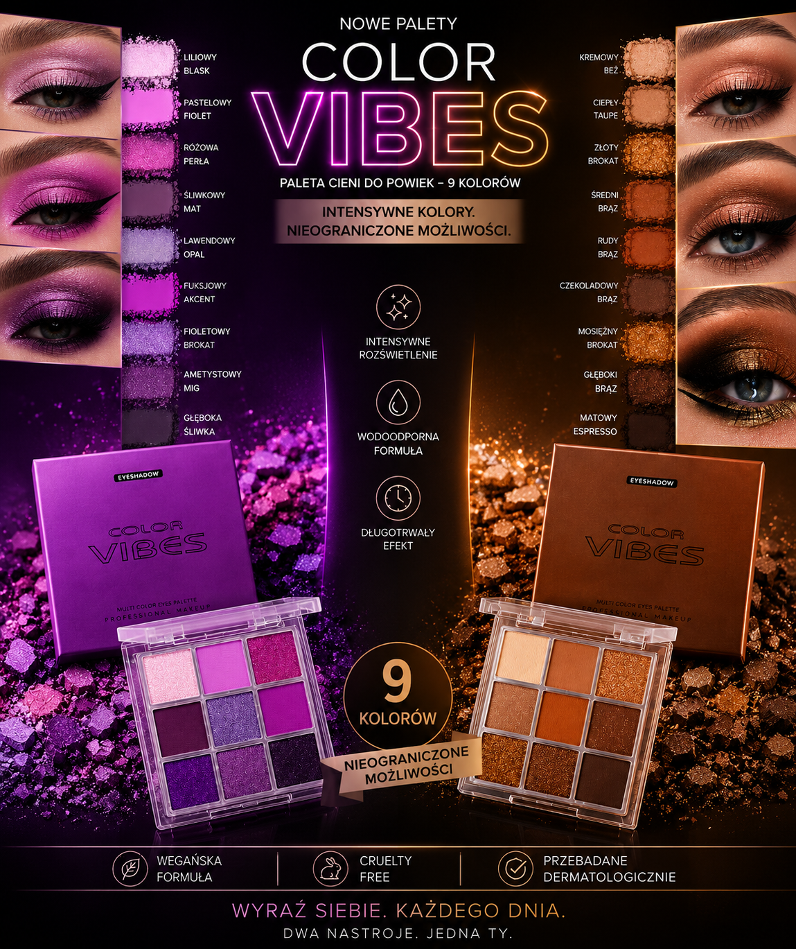Paleta Cieni do Powiek 9 Kolorów – Glitter, Mat i Shimmer - Wodoodporna