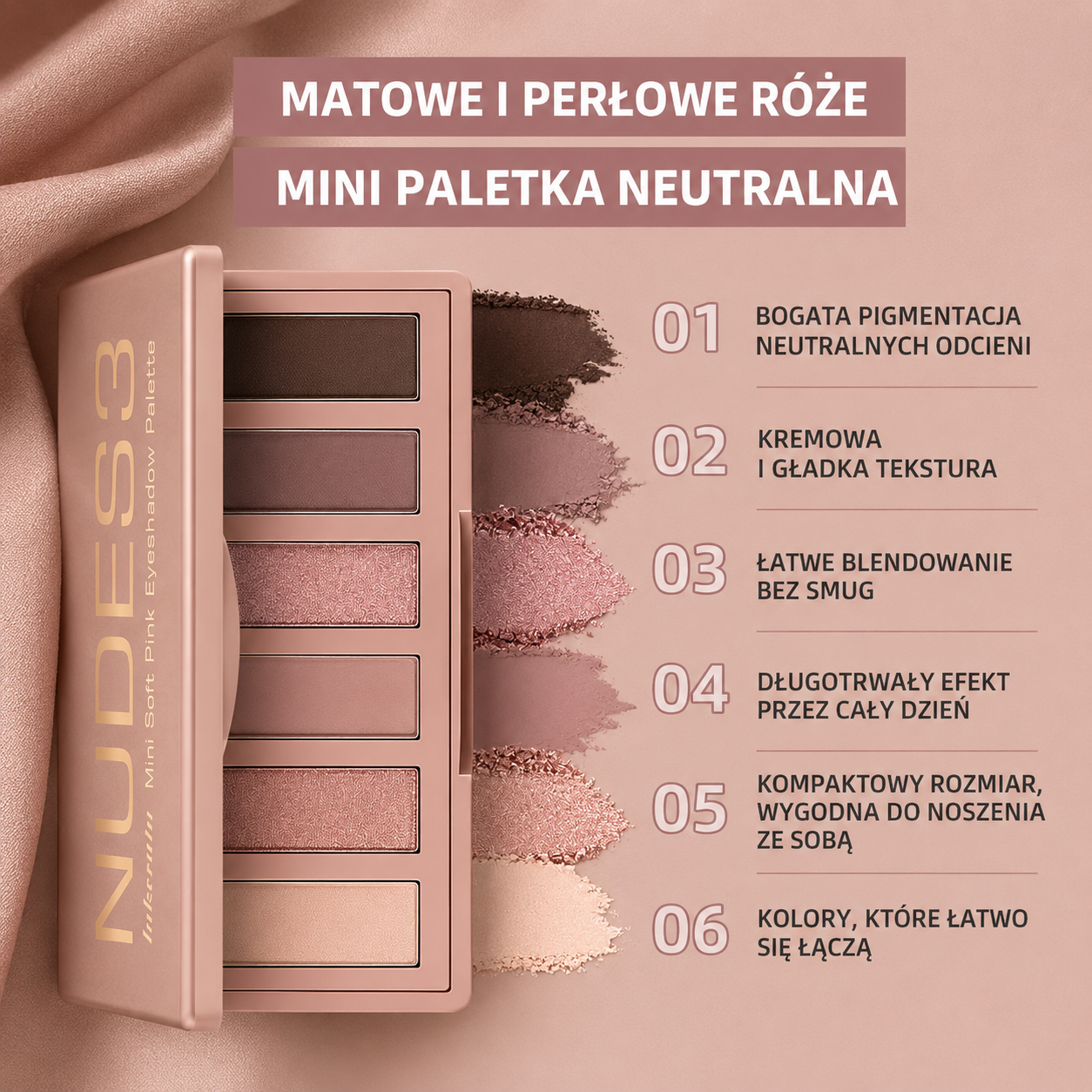 6-Kolorowa Paleta Cieni Nude – Neutralne Różowe Odcienie Mat i Glow Waterproof