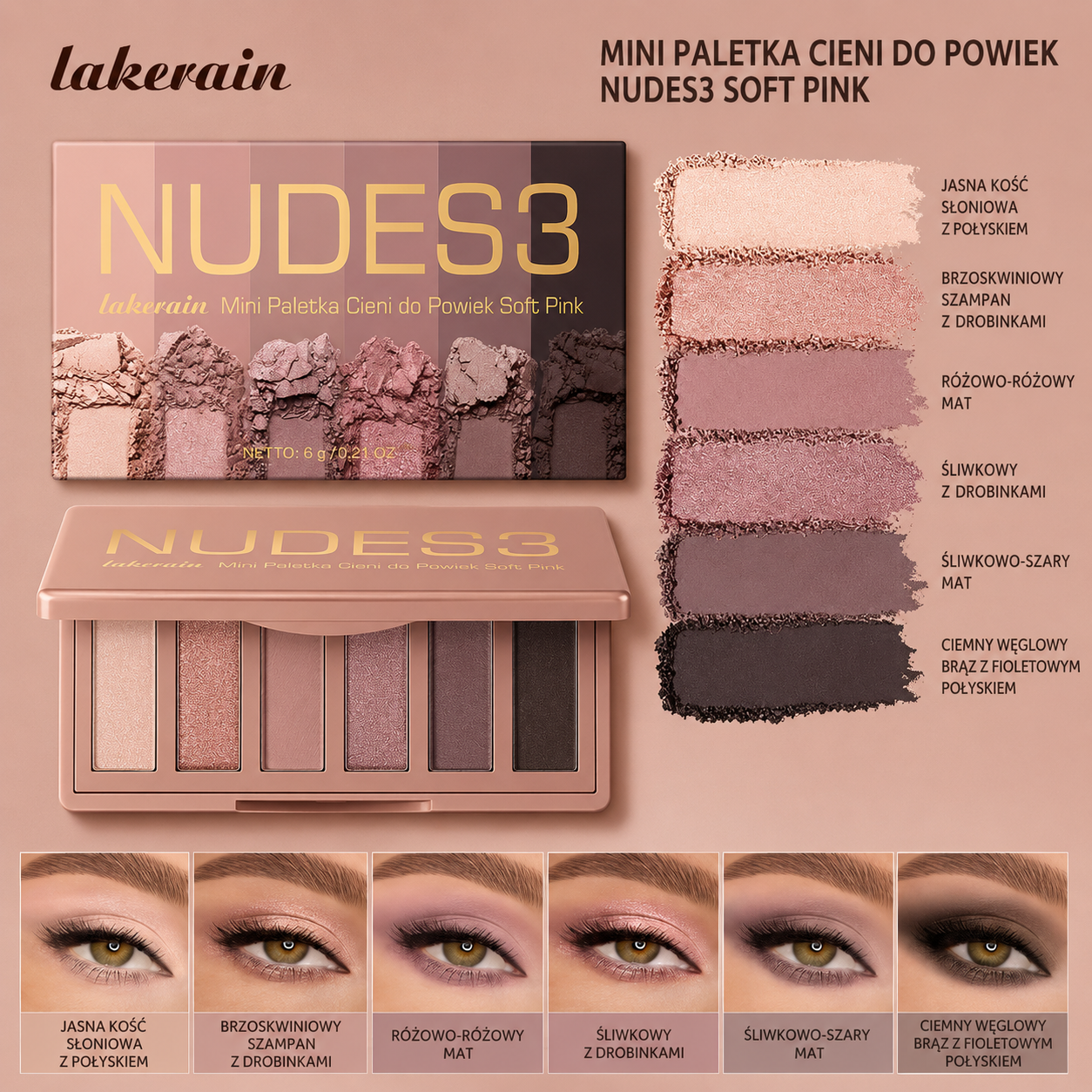 6-Kolorowa Paleta Cieni Nude – Neutralne Różowe Odcienie Mat i Glow Waterproof