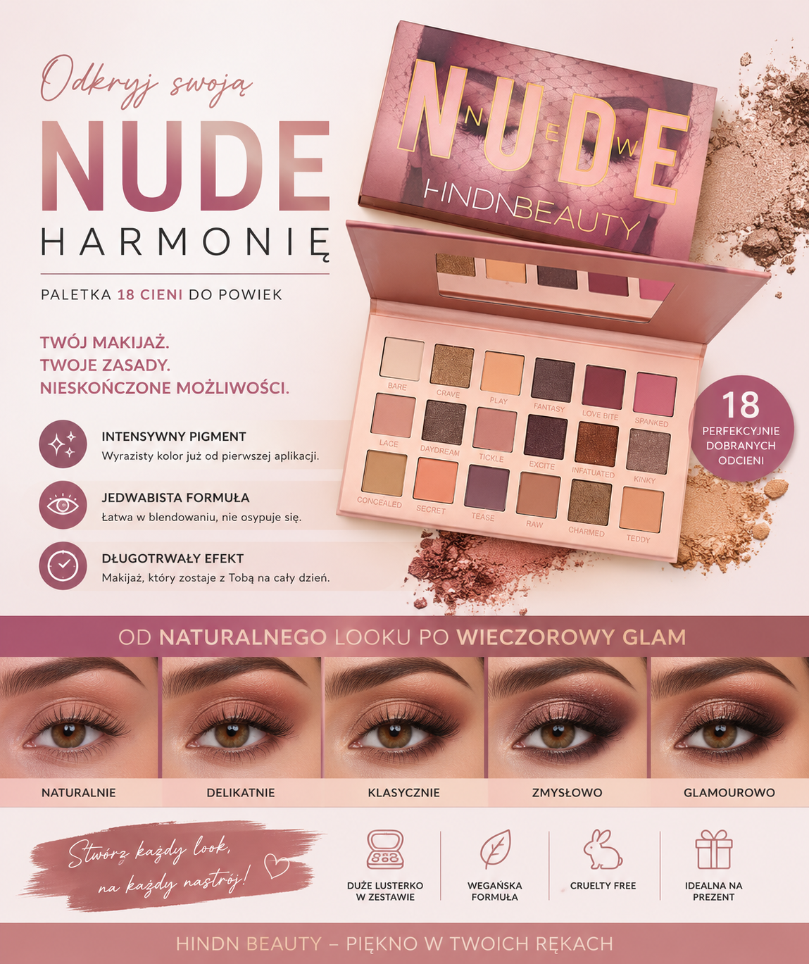 Paleta 18 Cieni do Powiek Flash – Matowe Cienie Nude o Intensywnej Pigmentacji