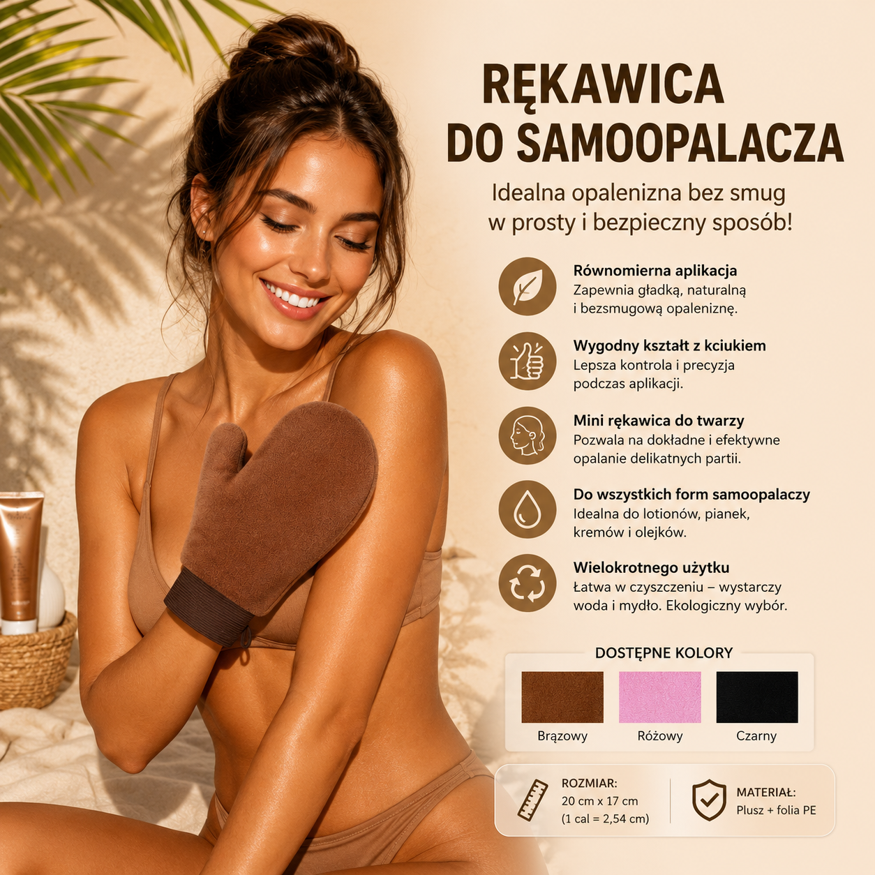 Wielorazowa rękawica do aplikacji samoopalacza – rękawica do nakładania kremu, balsamu i pianki brązującej, rękawica do czyszczenia i aplikacji samoopalacza.