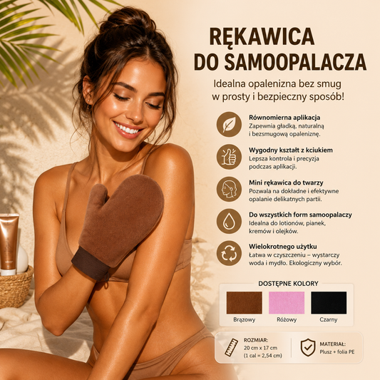 Wielorazowa rękawica do aplikacji samoopalacza – rękawica do nakładania kremu, balsamu i pianki brązującej, rękawica do czyszczenia i aplikacji samoopalacza.