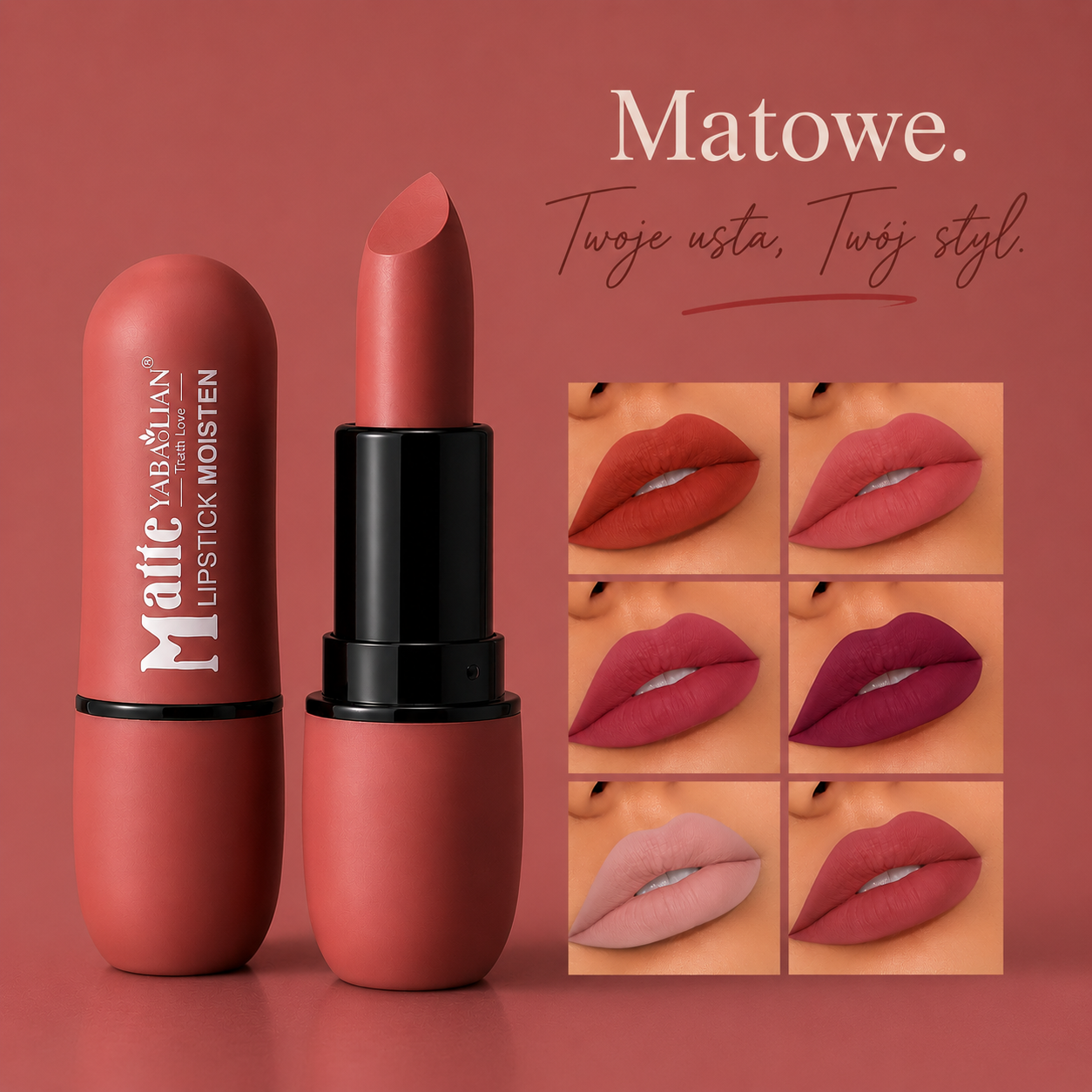 Paleta 6 Matowych Pomadek do Ust – Aksamitne Wykończenie, Wodoodporna i Długotrwała Formuła