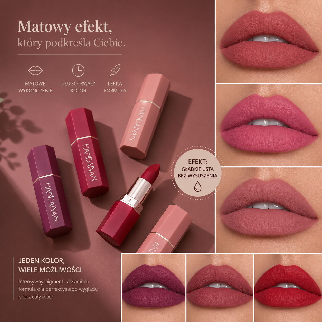 Handaiyan 4 Matowe Pomadki do Ust – Trwały Kolor, Efekt Velvet, Wodoodporna Formuła Non-Transfer