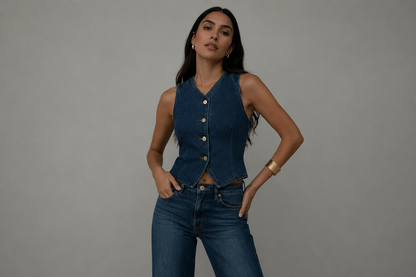 Kamizelka Jeansowa Damska Krótka – Asymetryczne Zapięcie, Złote Guziki, Modny Denim