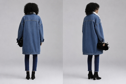 Damski Oversize Płaszcz Jeansowy Denim – Ocieplany Płaszcz z Kołnierzem Sherpa