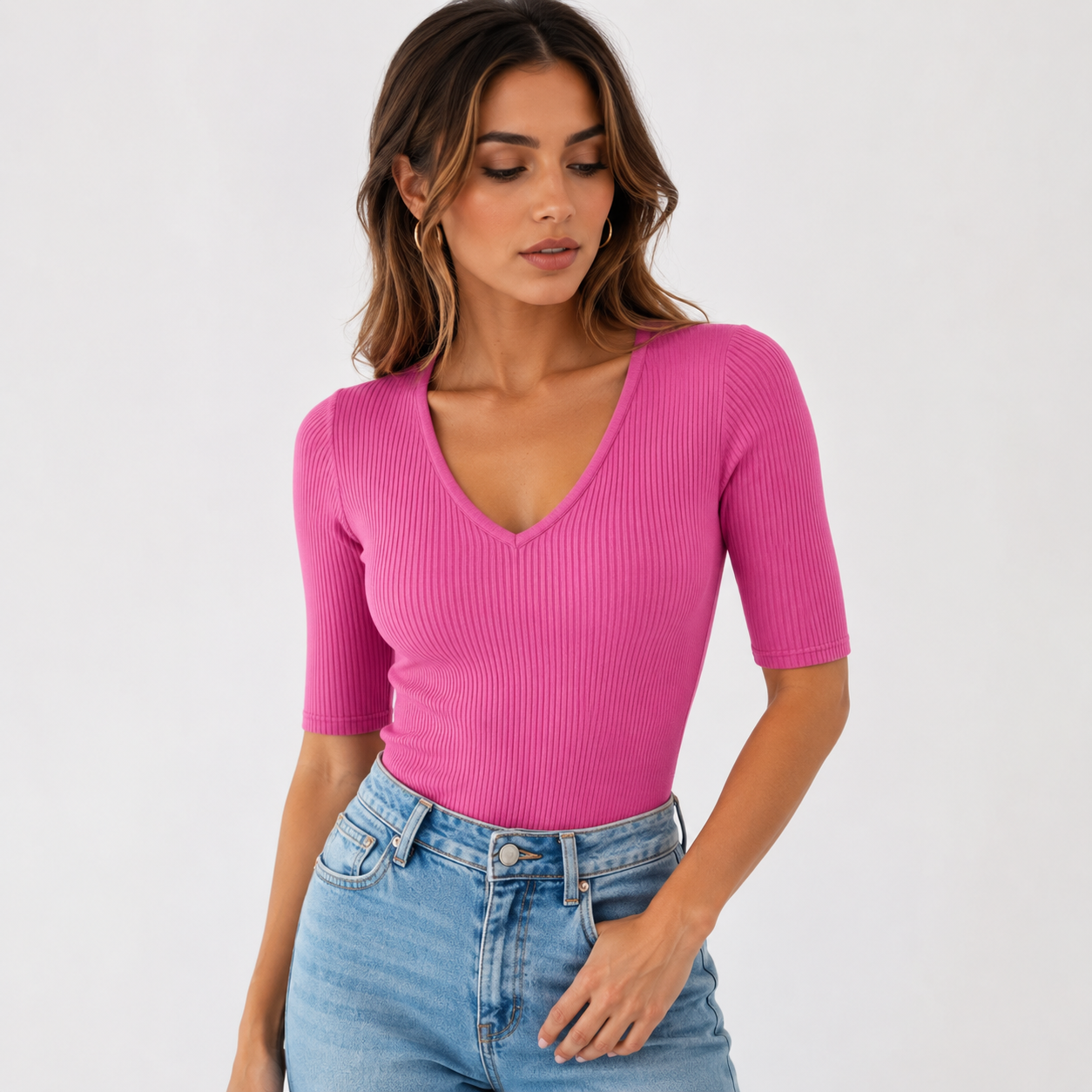 Damska Prążkowana Bluzka V-Neck Slim Fit – Elastyczny T-Shirt z Krótkim Rękawem