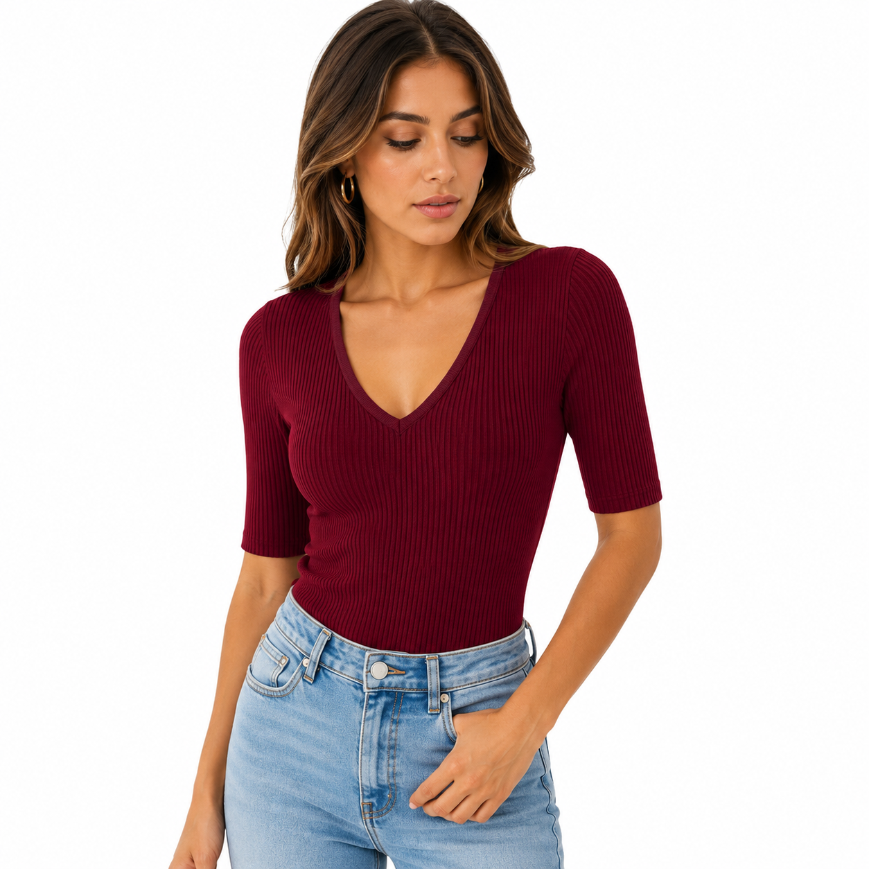 Damska Prążkowana Bluzka V-Neck Slim Fit – Elastyczny T-Shirt z Krótkim Rękawem