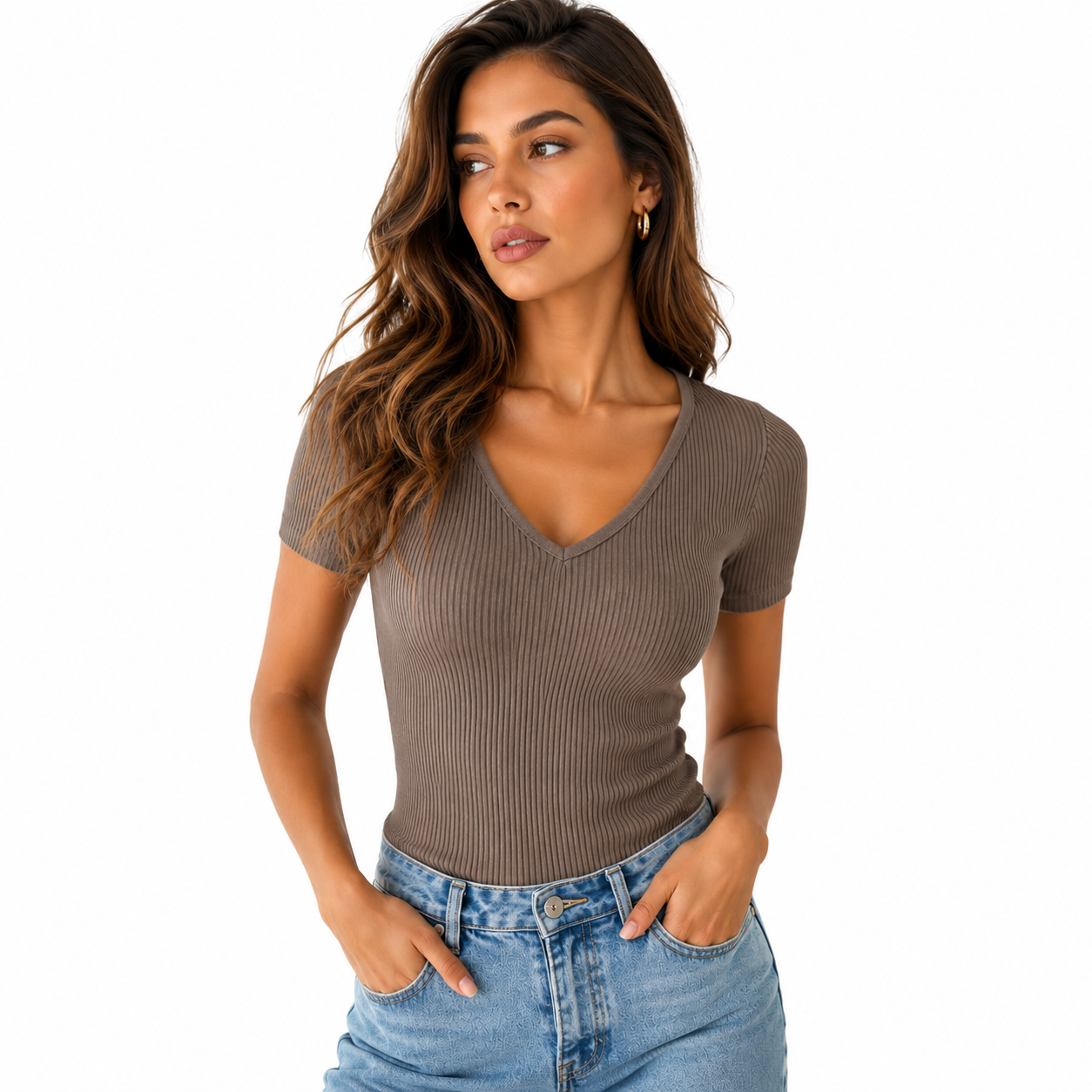 Damska Prążkowana Bluzka V-Neck Slim Fit – Elastyczny T-Shirt z Krótkim Rękawem