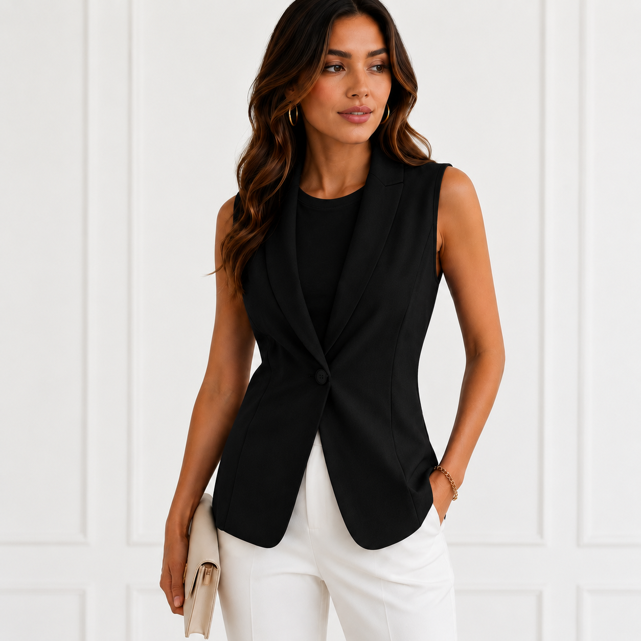 Damska Kamizelka Garniturowa Elegancka Bez Rękawów – Marynarka na Guzik Slim Fit