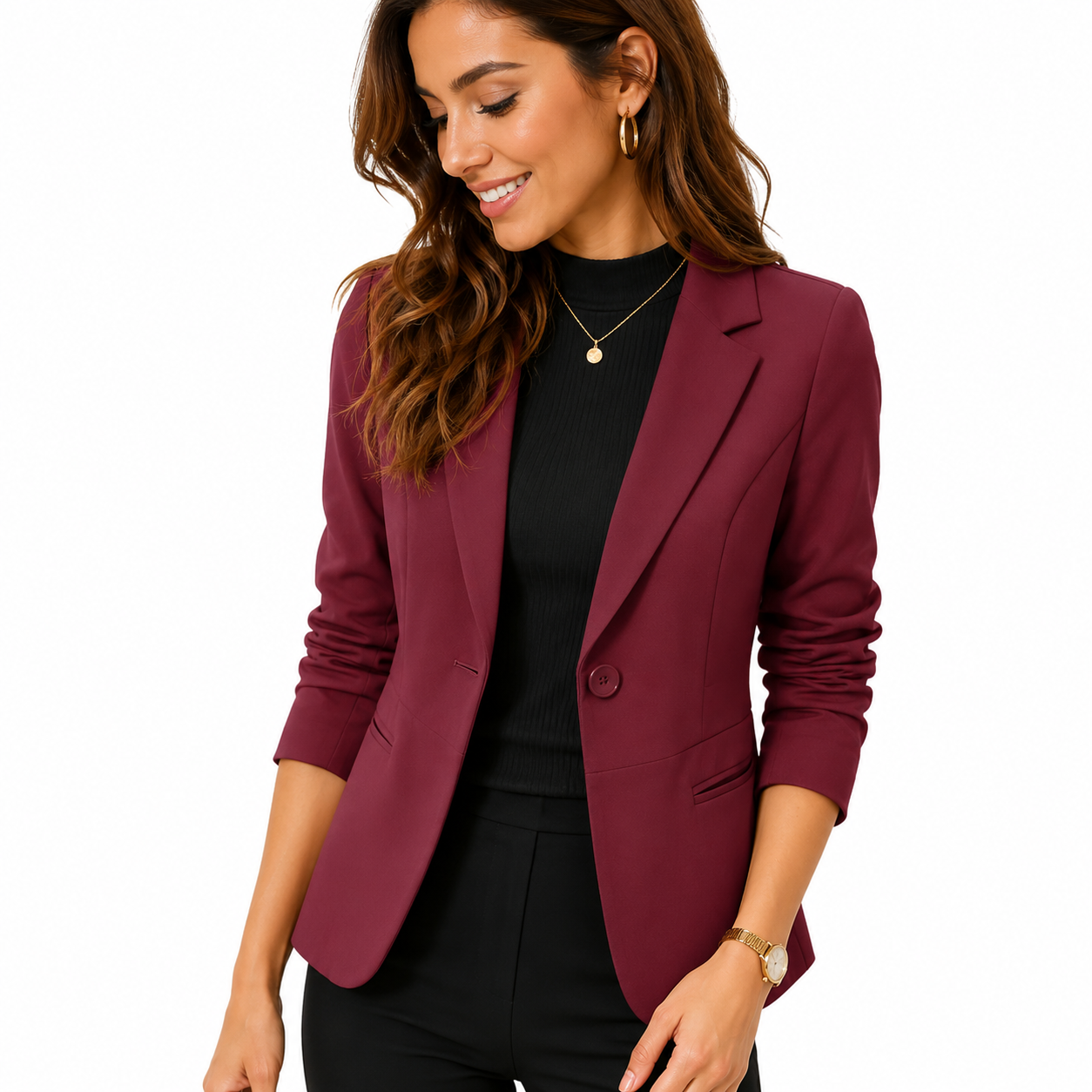 Damska Marynarka Czerwona Slim Fit – Elegancki Blezer z Kieszeniami, Zapinany na Guzik
