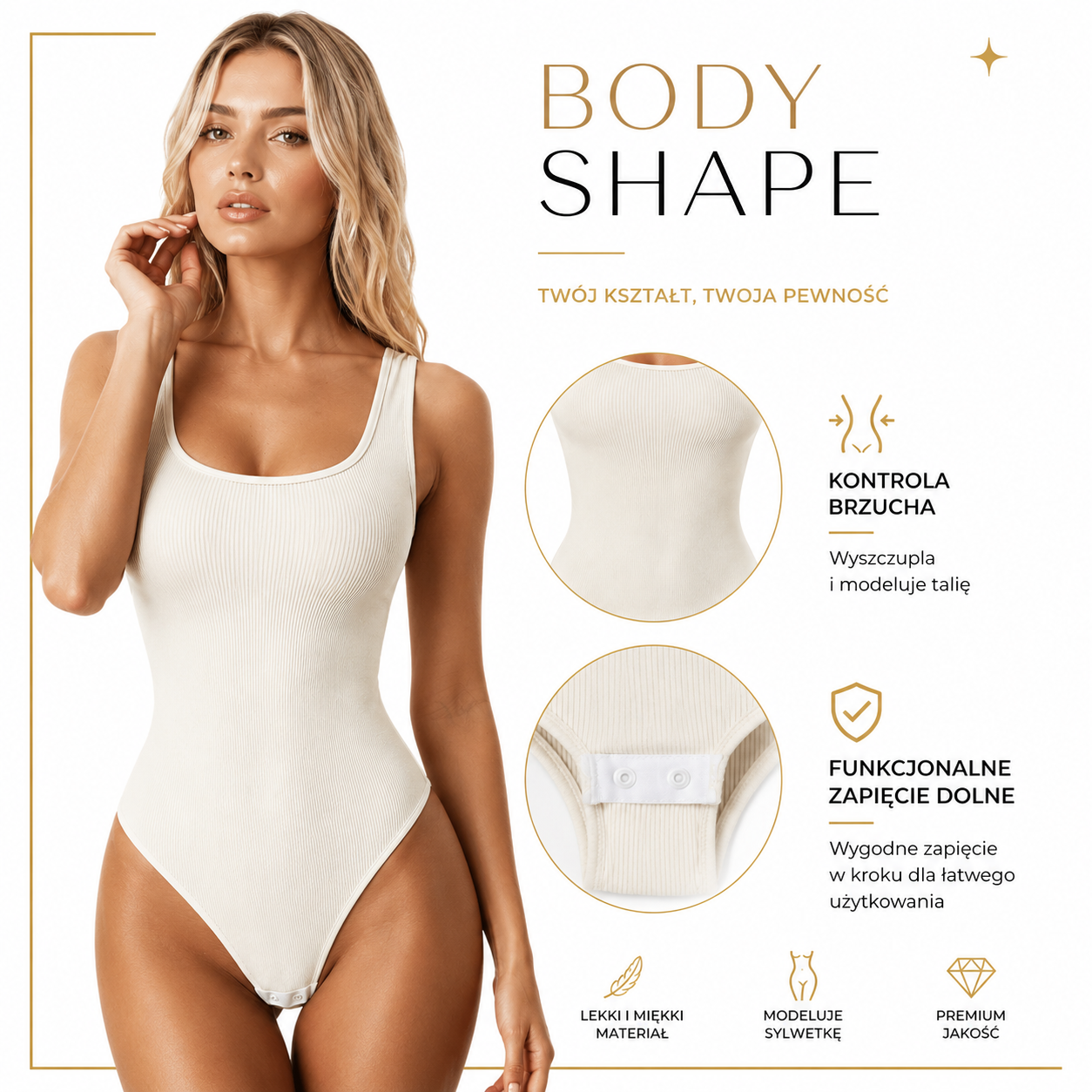 Modelujące Body Prążkowane Tummy Control – Bezszwowe Body Wyszczuplające z Zapięciem w Kroku - Light Compression