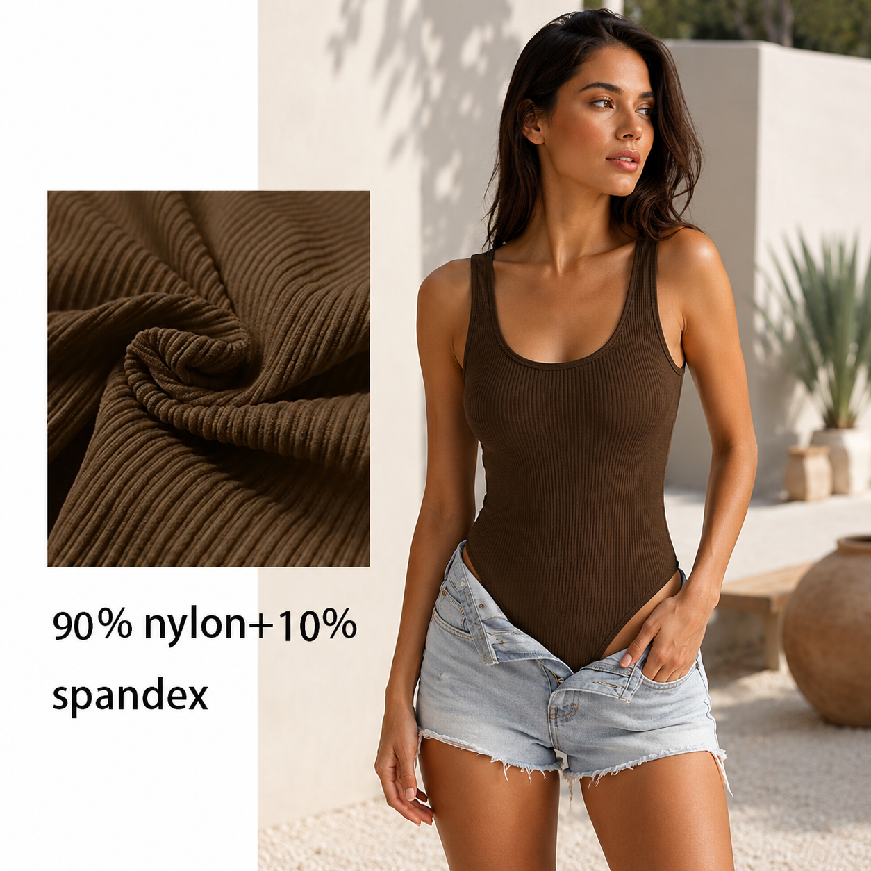 Modelujące Body Prążkowane Tummy Control – Bezszwowe Body Wyszczuplające z Zapięciem w Kroku - Light Compression