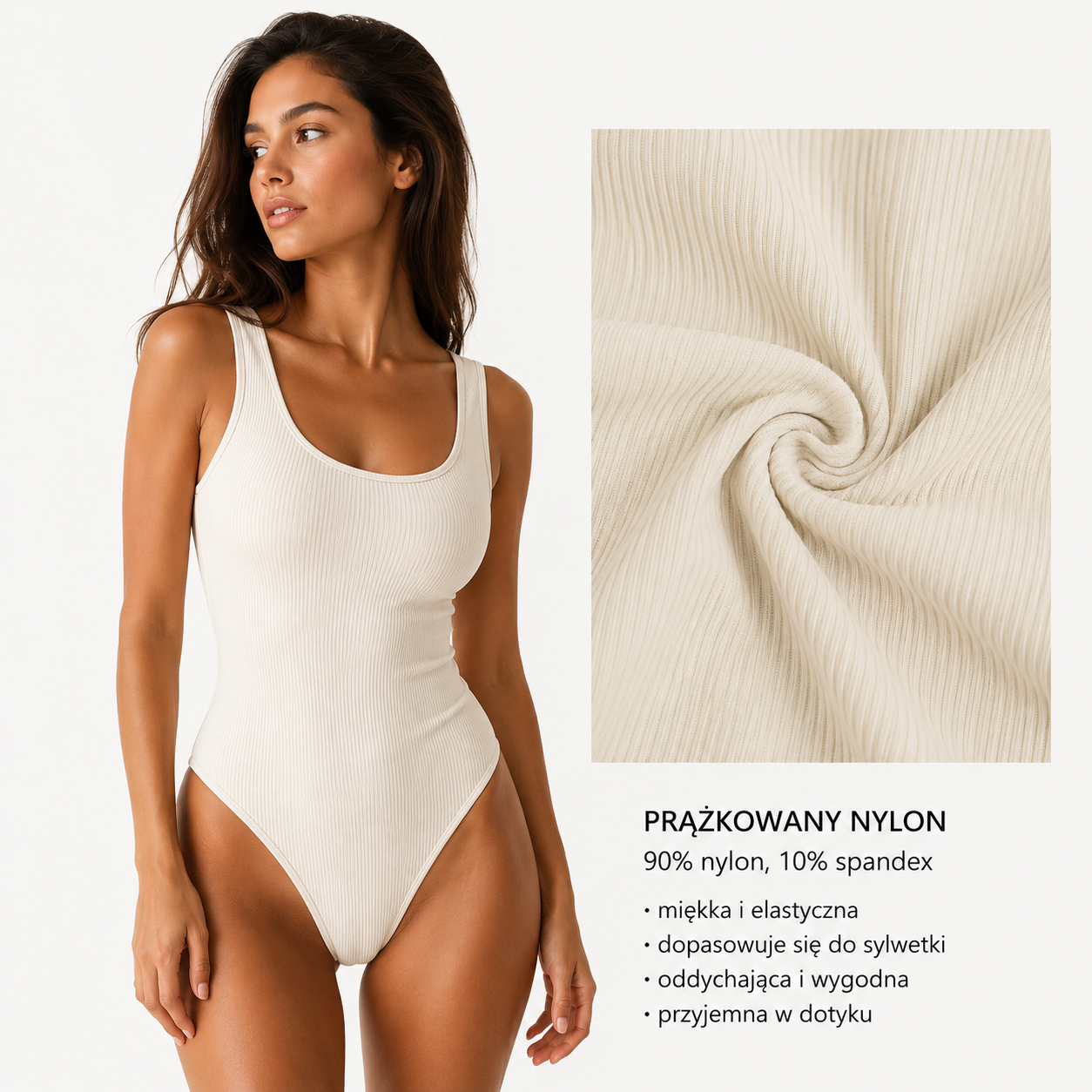 Modelujące Body Prążkowane Tummy Control – Bezszwowe Body Wyszczuplające z Zapięciem w Kroku - Light Compression