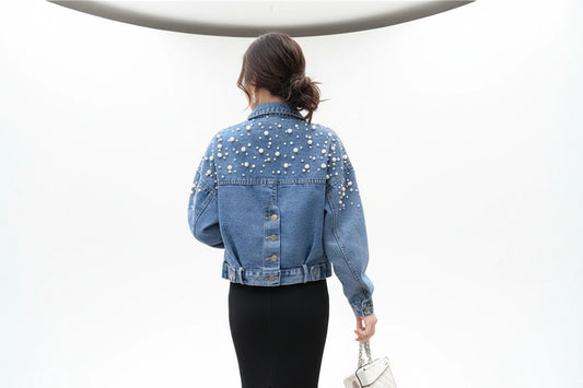 Damska Kurtka Dżinsowa z Koralikami - Niebieska Jeansowa Kurtka Wiosenna Oversize