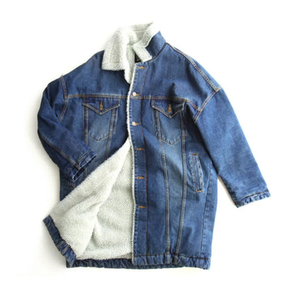 Damski Oversize Płaszcz Jeansowy Denim – Ocieplany Płaszcz z Kołnierzem Sherpa