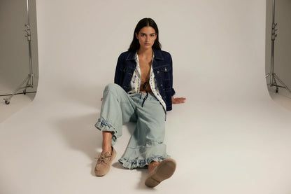 Damskie Jeansy Baggy Wide Leg z Falbanami – Niski Stan, Cropped, Y2K