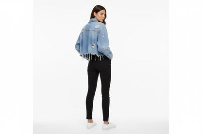 Krótka Kurtka Jeansowa Damska z Przetarciami - Retro Denim Jacket