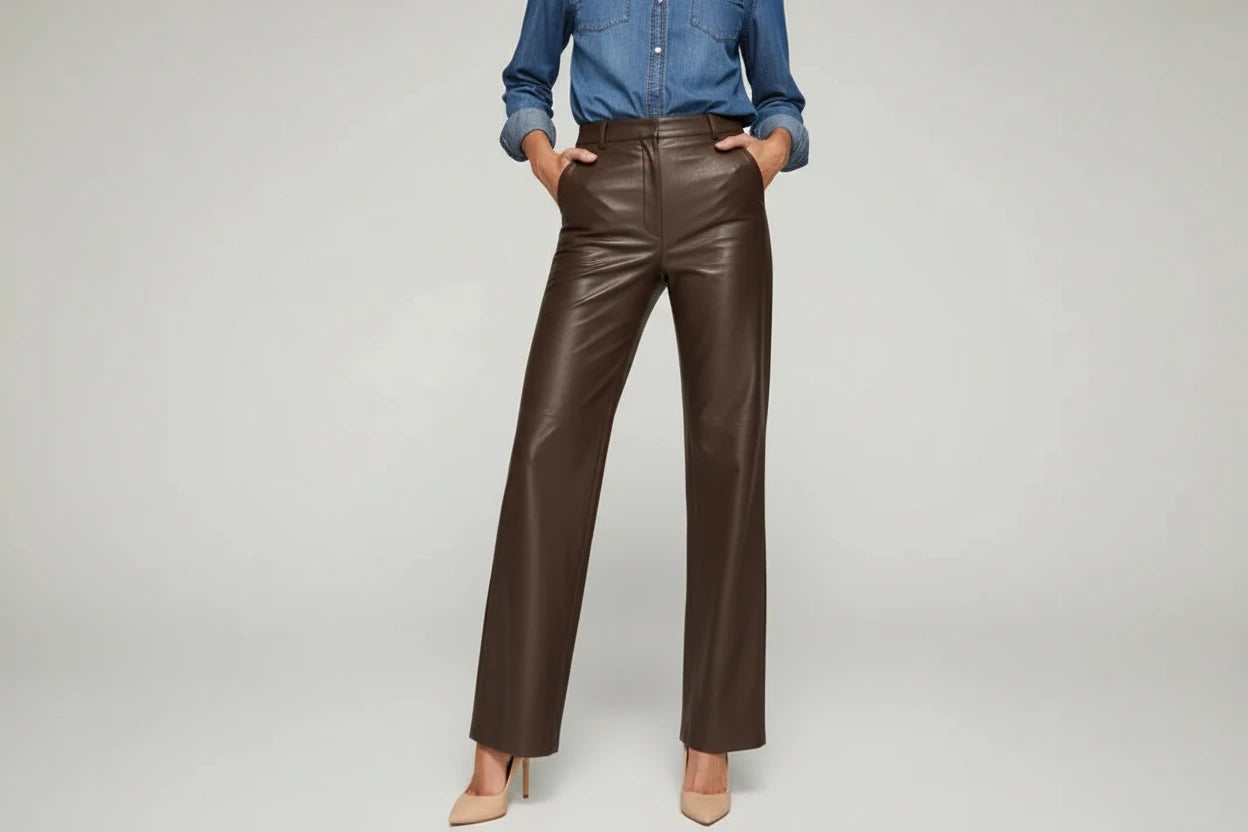 Eleganckie Spodnie Damskie z Ekoskóry Wide Leg – Wysoki Stan - Czarne, Brązowe, Niebieskie