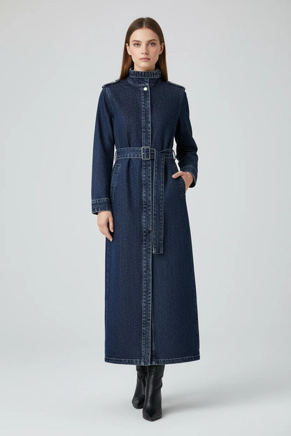 Damski Płaszcz Trench Denim ze Stójką – Długi Jeansowy Płaszcz Premium