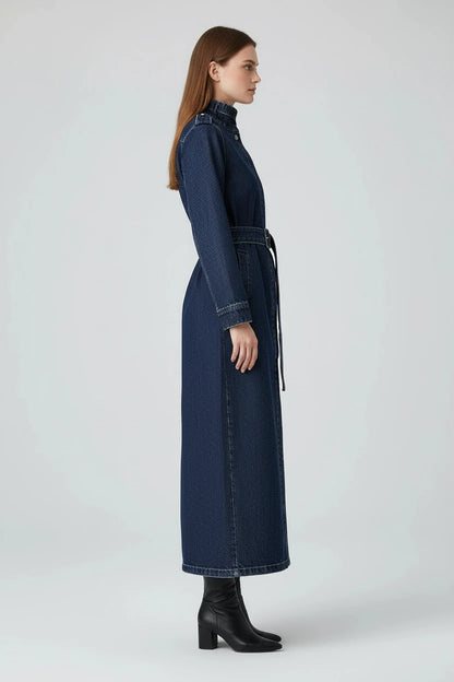 Damski Płaszcz Trench Denim ze Stójką – Długi Jeansowy Płaszcz Premium