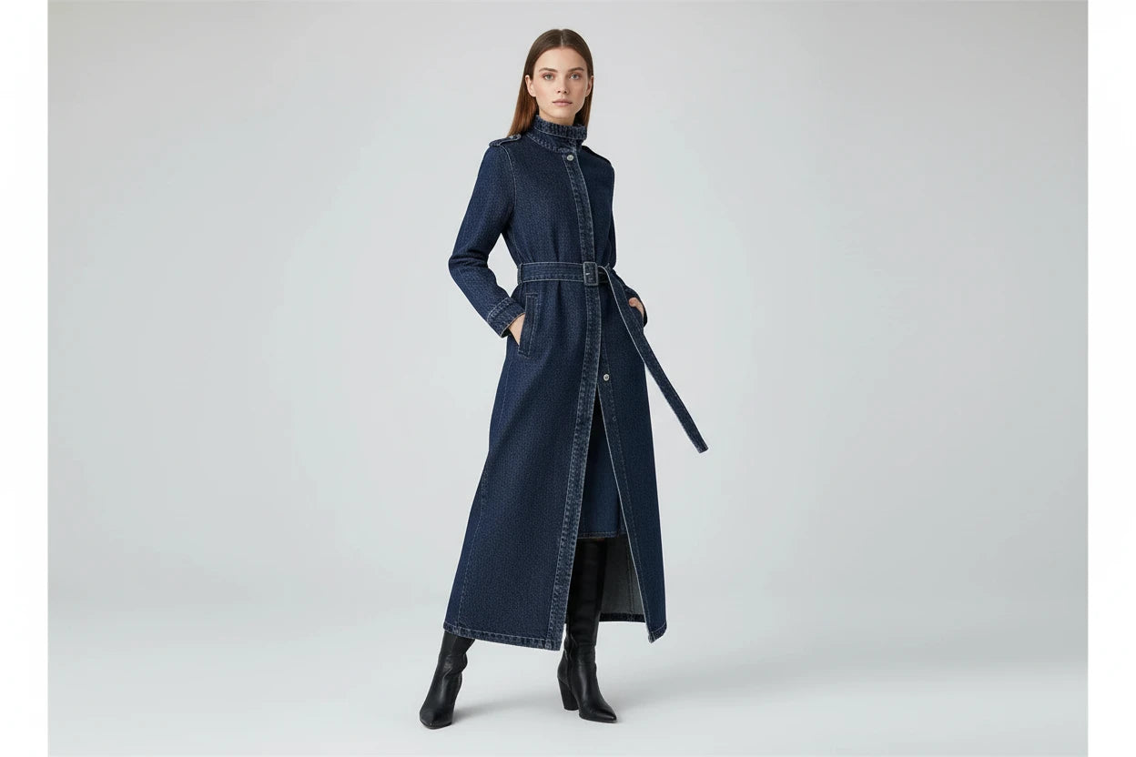 Damski Płaszcz Trench Denim ze Stójką – Długi Jeansowy Płaszcz Premium