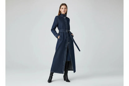 Damski Płaszcz Trench Denim ze Stójką – Długi Jeansowy Płaszcz Premium