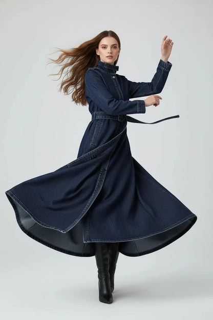 Damski Płaszcz Trench Denim ze Stójką – Długi Jeansowy Płaszcz Premium