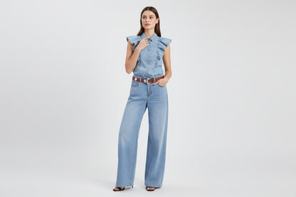 Damski Zestaw Dżinsowy - Kamizelka z Paskiem i Spodnie Straight Leg