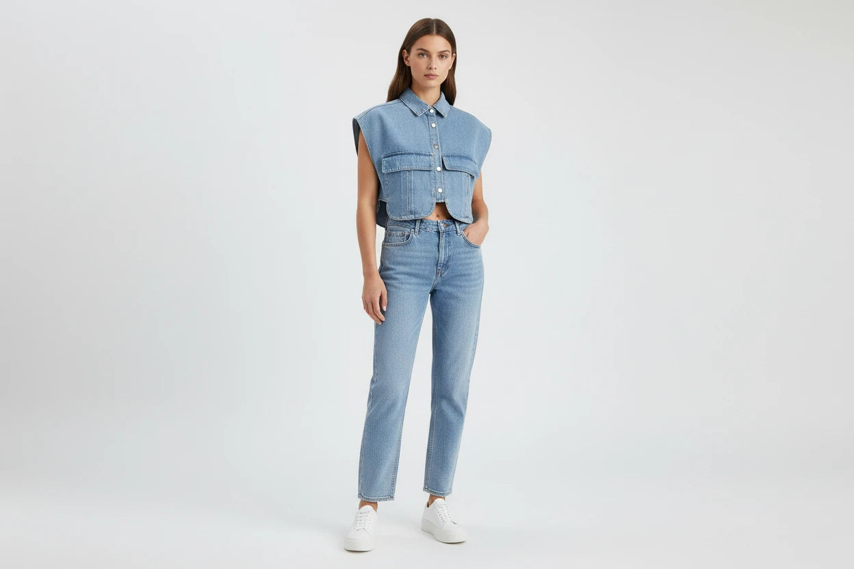 Bezrękawnik Jeansowy Damski Oversize z Dużymi Kieszeniami - Casualowa Kamizelka Denim