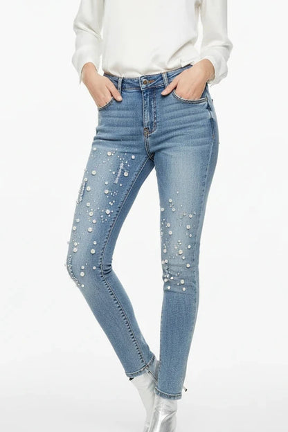 Damskie Jeansy Skinny 7/8 z Dziurami i Koralikami – Jasny Niebieski