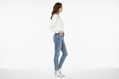 Damskie Jeansy Skinny 7/8 z Dziurami i Koralikami – Jasny Niebieski