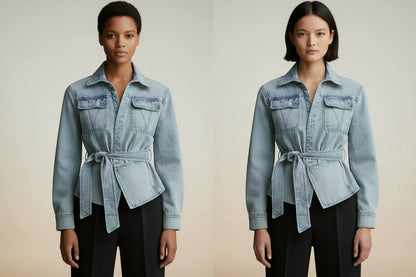Damska Kurtka Jeansowa Oversize - Vintage Denim z Wiązaniem w Talii
