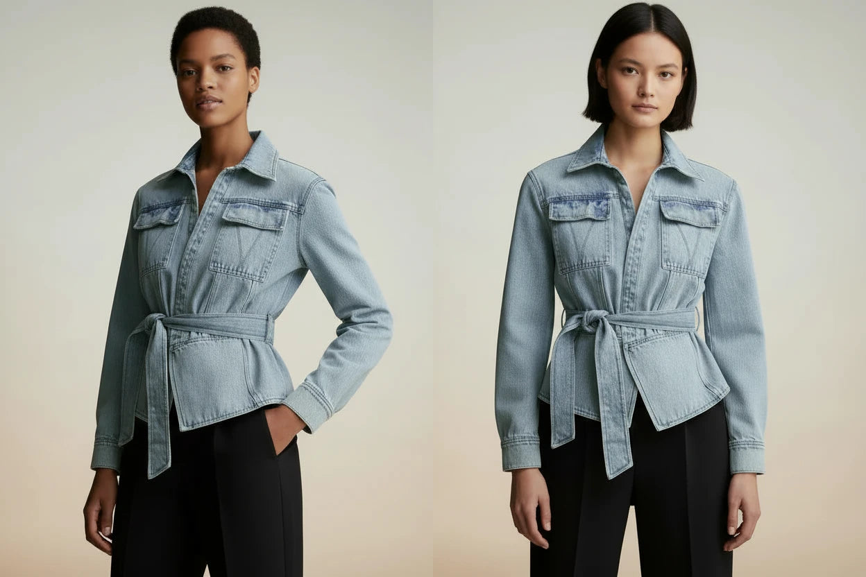 Damska Kurtka Jeansowa Oversize - Vintage Denim z Wiązaniem w Talii