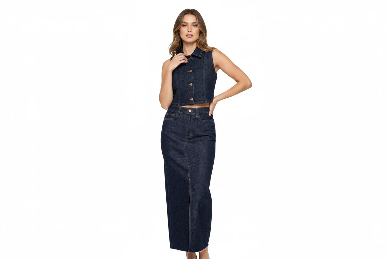 Damska Sukienka Jeansowa Midi z Kamizelką - High Waist Denim Vest Dress