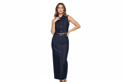 Damska Sukienka Jeansowa Midi z Kamizelką - High Waist Denim Vest Dress