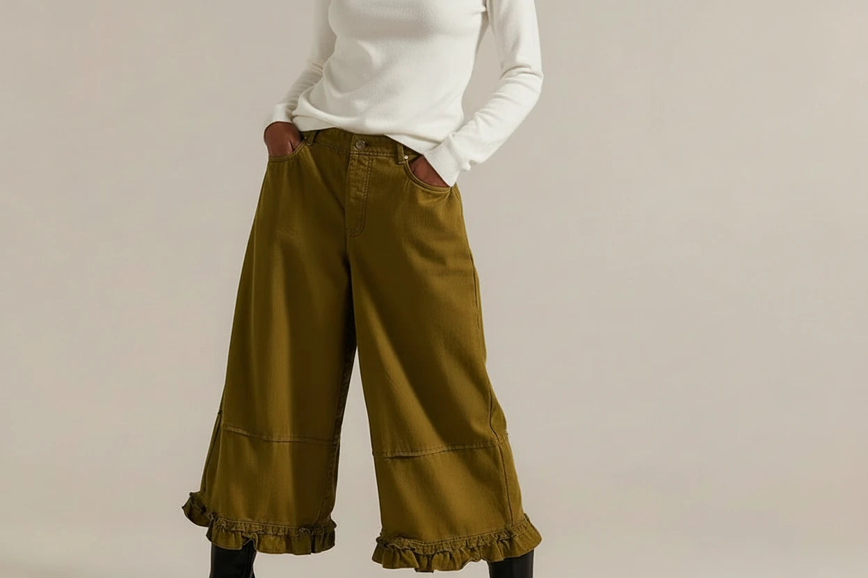 Damskie Jeansy Baggy Wide Leg z Falbanami – Niski Stan, Cropped, Y2K