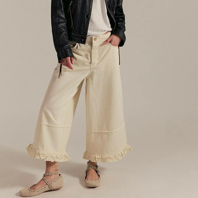 Damskie Jeansy Baggy Wide Leg z Falbanami – Niski Stan, Cropped, Y2K