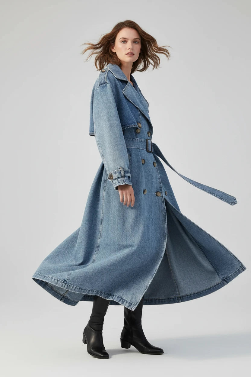 Długi Płaszcz Jeansowy Damski z Paskiem – Modny Trencz Denim Oversize