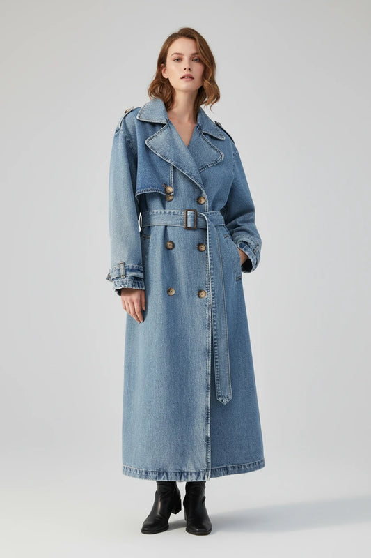 Długi Płaszcz Jeansowy Damski z Paskiem – Modny Trencz Denim Oversize
