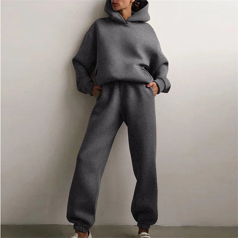 Damski Dres Komplet Bluza z Kapturem i Spodnie - Ciepły Zestaw Oversize