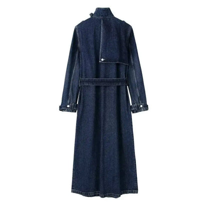 Damski Płaszcz Trench Denim ze Stójką – Długi Jeansowy Płaszcz Premium