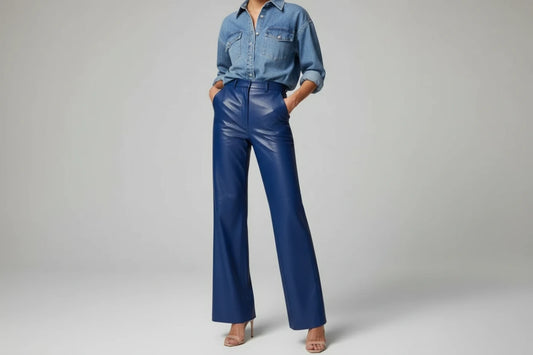 Eleganckie Spodnie Damskie z Ekoskóry Wide Leg – Wysoki Stan - Czarne, Brązowe, Niebieskie