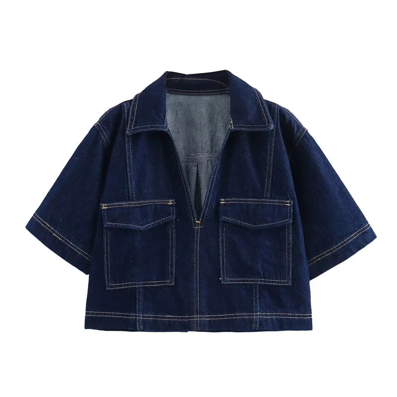 Koszula Dżinsowa Damska Krótki Rękaw - Cropped Top Y2K Streetwear