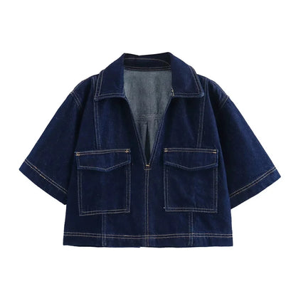 Koszula Dżinsowa Damska Krótki Rękaw - Cropped Top Y2K Streetwear
