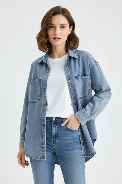 Koszula Jeansowa Damska Overshirt z Kieszeniami
