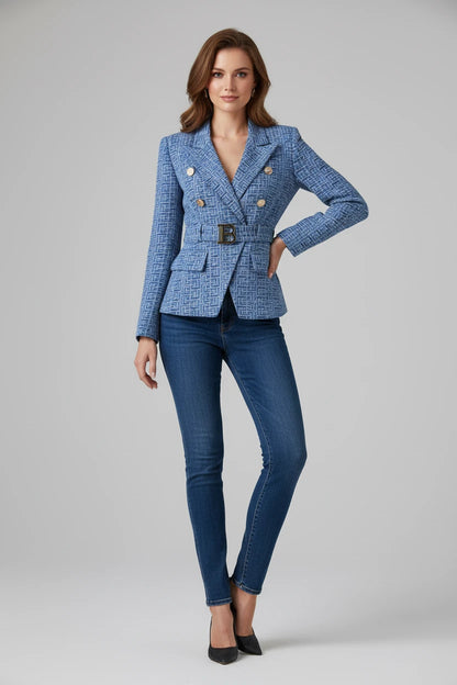 Luksusowa Marynarka Denim z Geometrycznym Wzorem - Premium Blazer z Paskiem