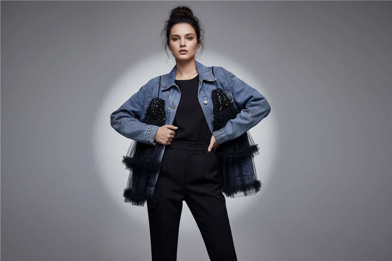 Kurtka Dżinsowa Damska z Cekinami i Falbankami - Premium Denim