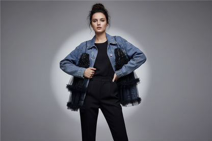 Kurtka Dżinsowa Damska z Cekinami i Falbankami - Premium Denim